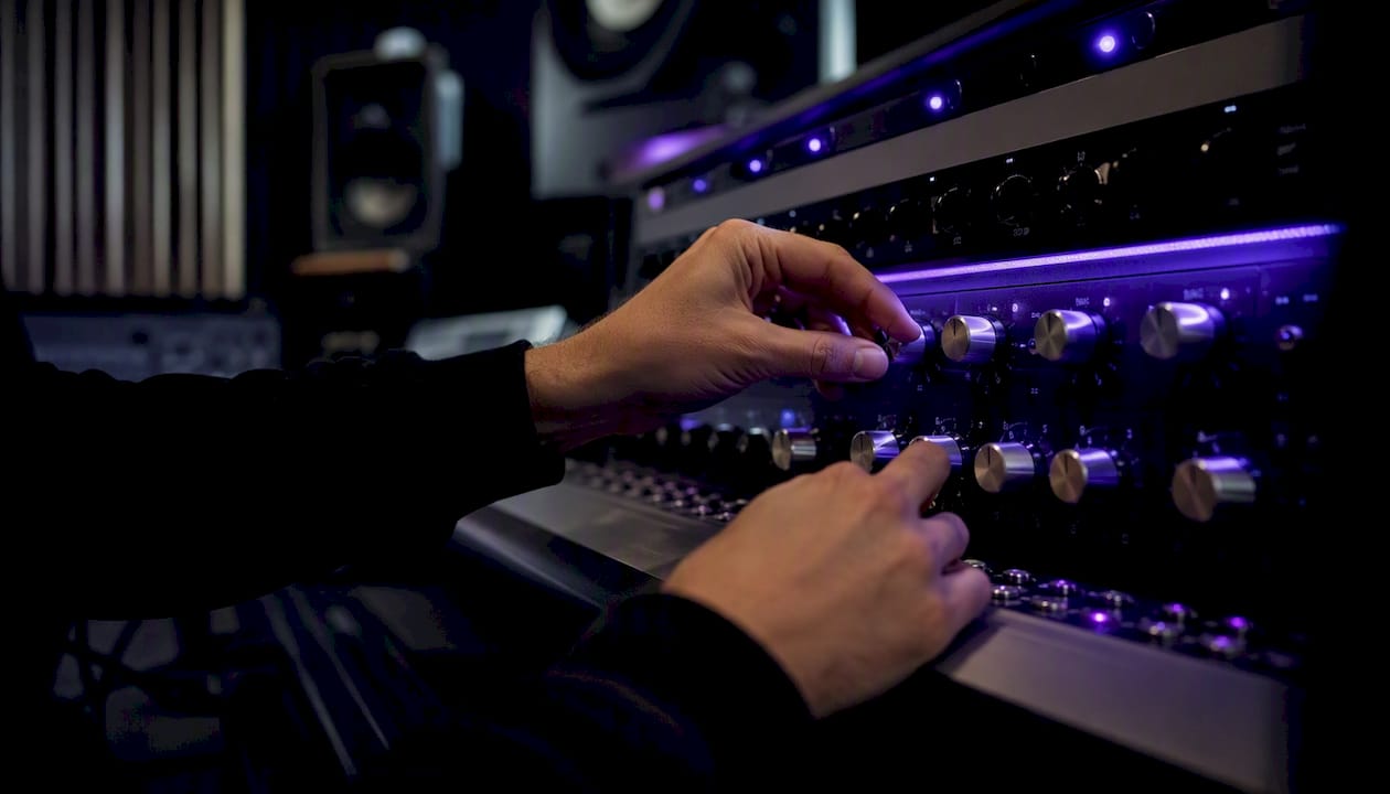 Hands adjusting stereo link controls on audio processor