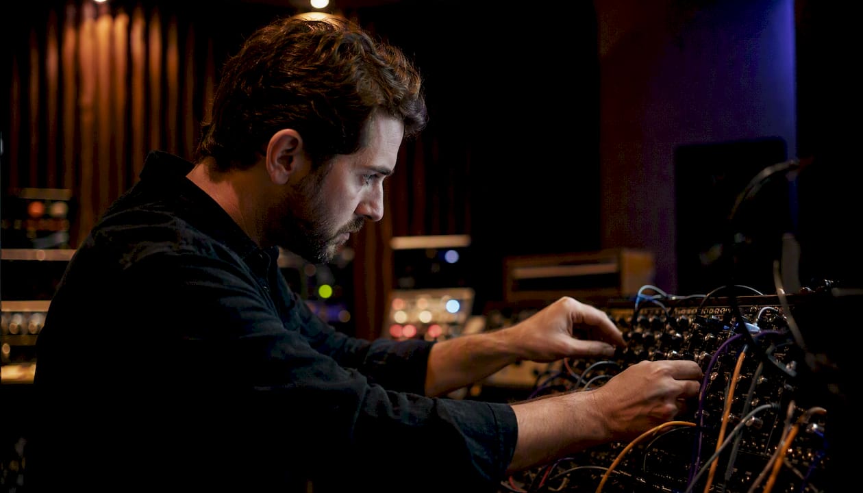 Engineer adjusting audio hardware controls
