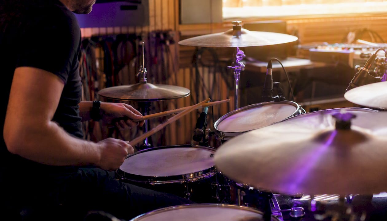 Close-up of drum kit in mixing studio
