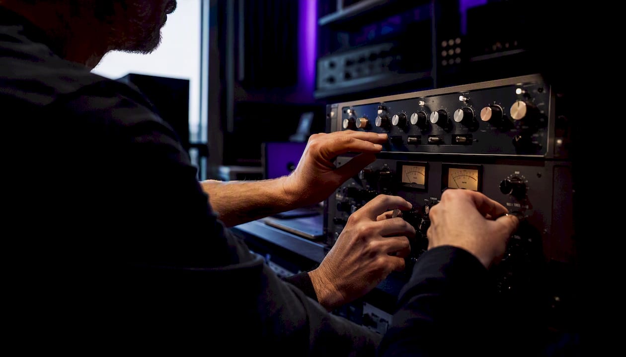 Hands adjusting analog compressor knobs in studio
