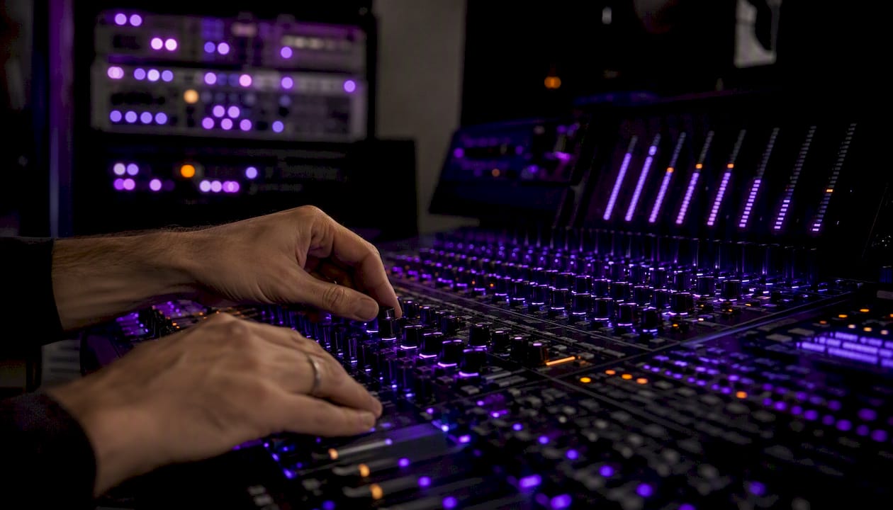 Hands adjusting mixing console controls in studio