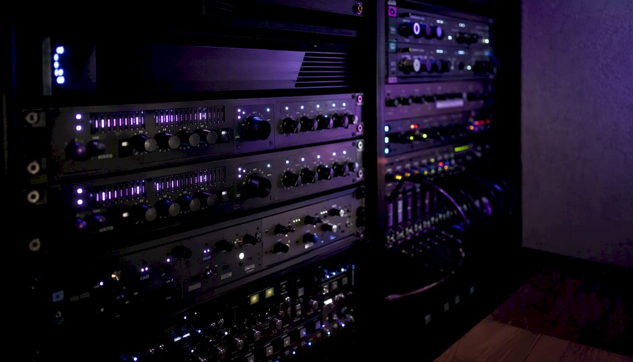Close-up of multiband DSP audio rack units