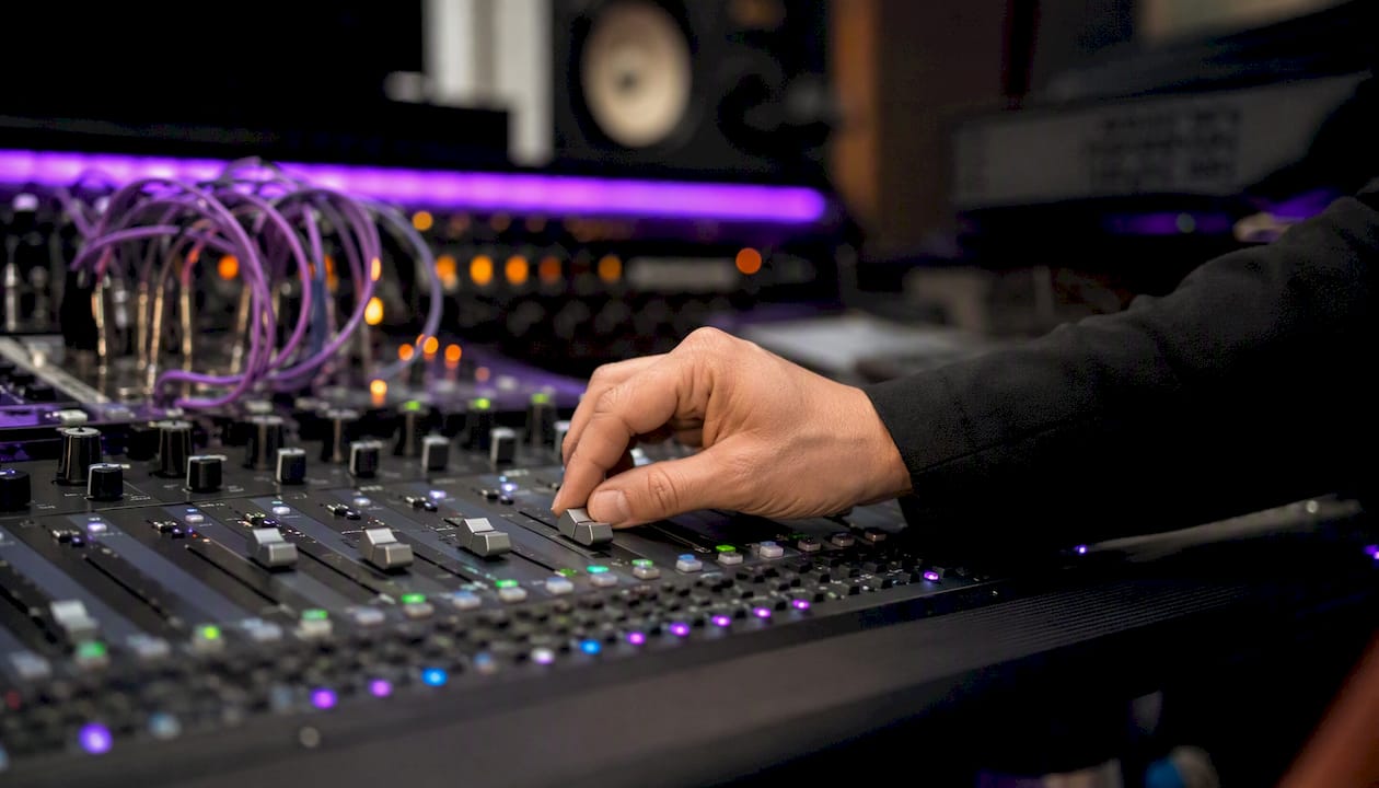 Hand adjusting mixing desk aux return fader