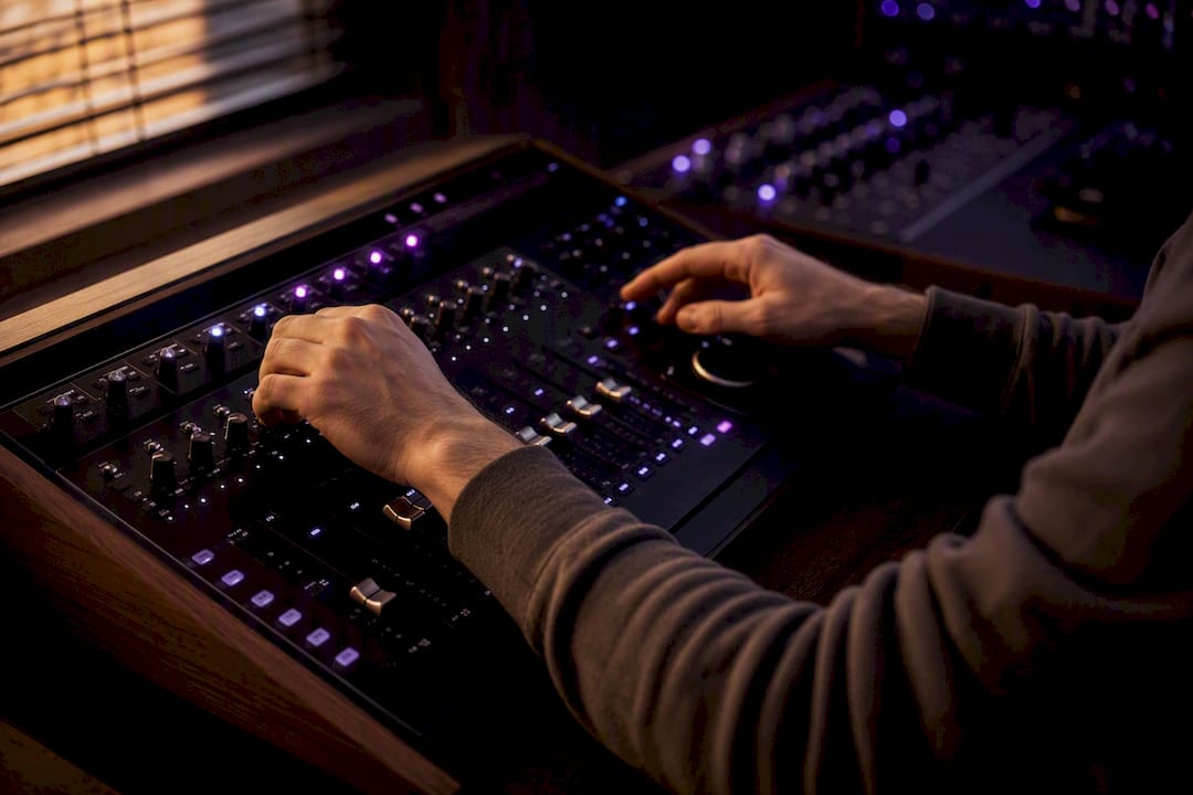 Engineer hands blending audio signals on console