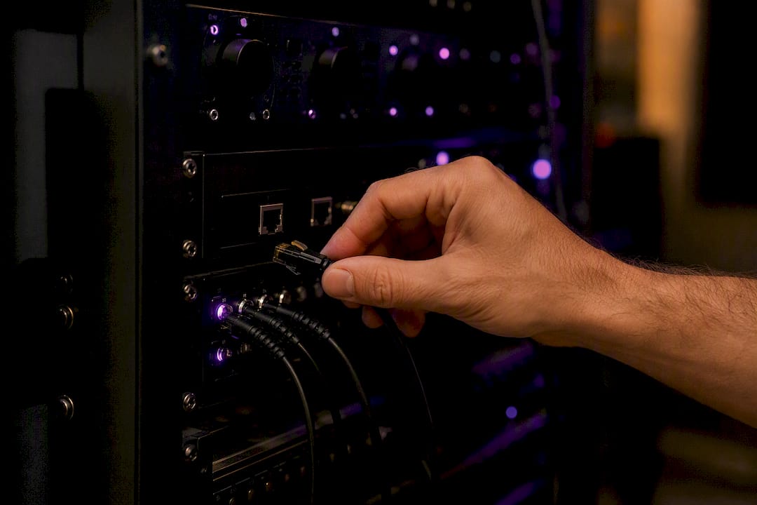 Hand unplugging cable from audio rack device