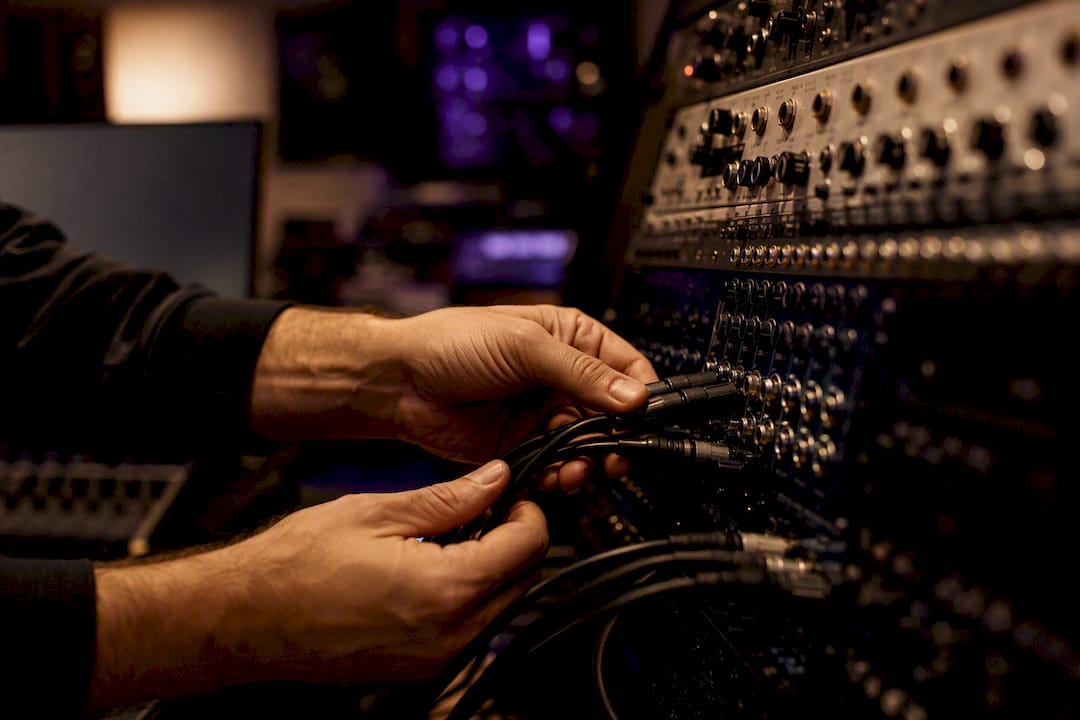 Hands connecting audio cables in studio
