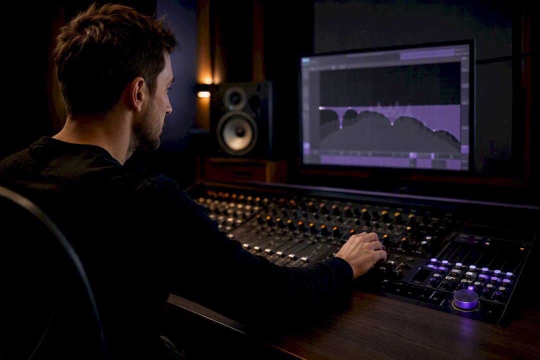 Engineer shaping EQ in a mixing room