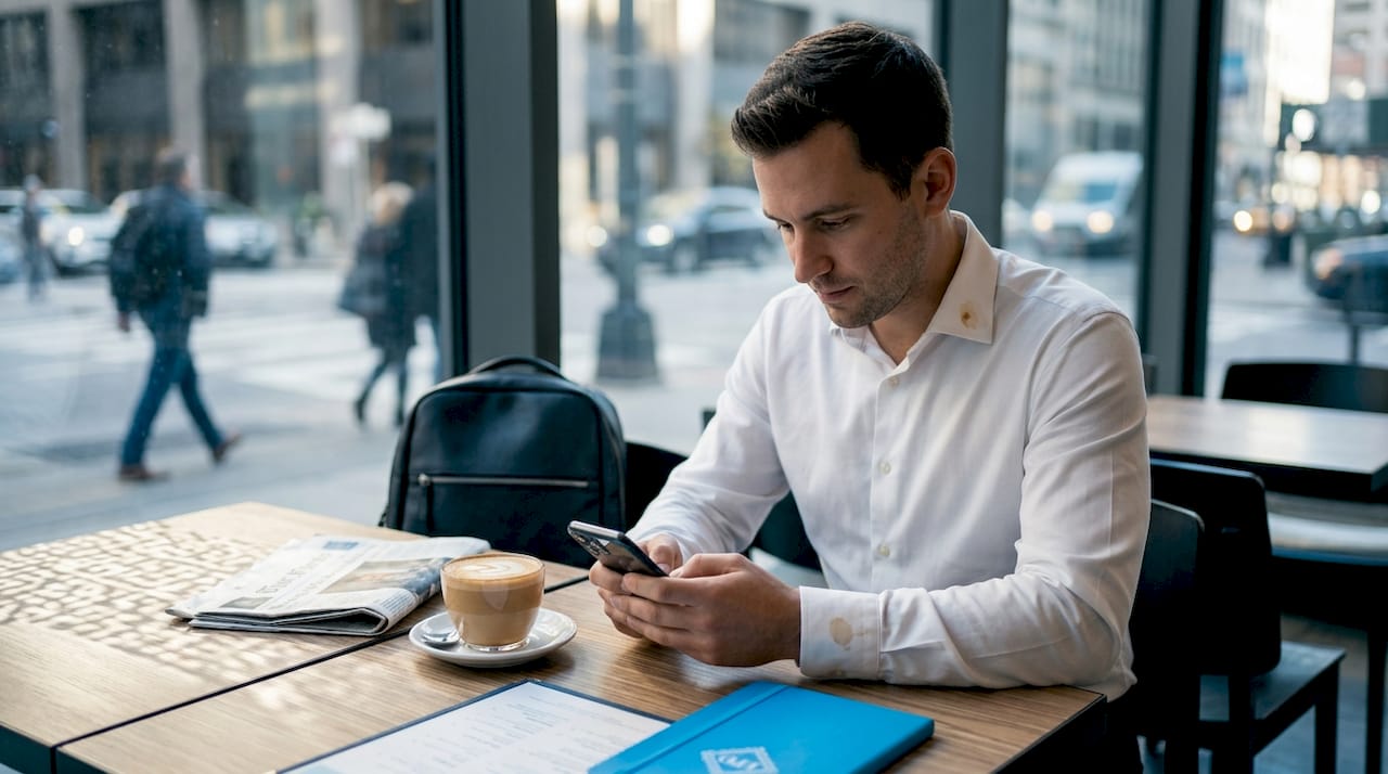 CPA checking mobile website at café table