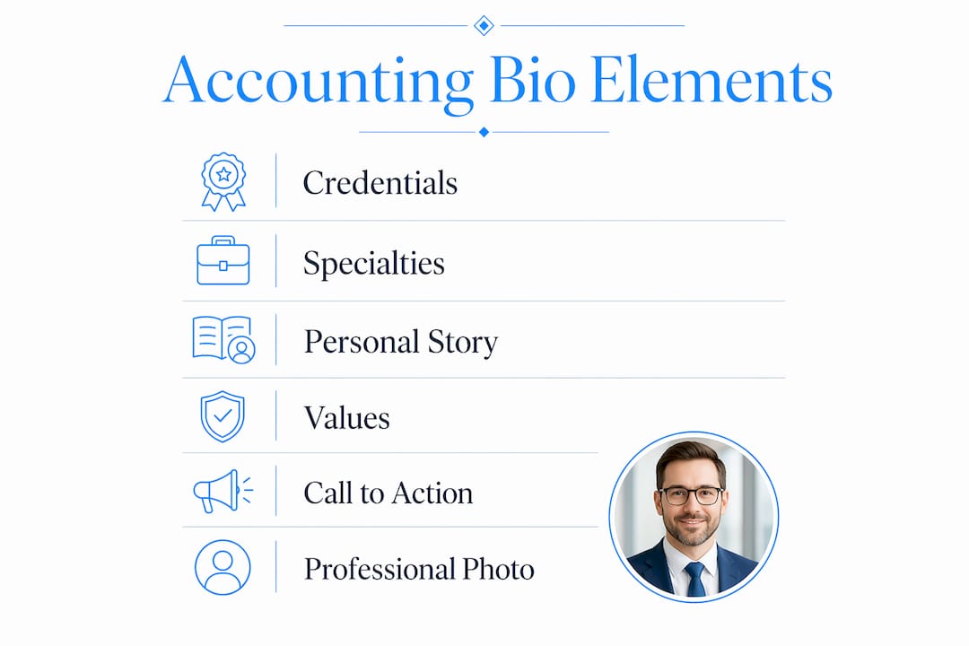 Infographic outlining key accounting bio page elements