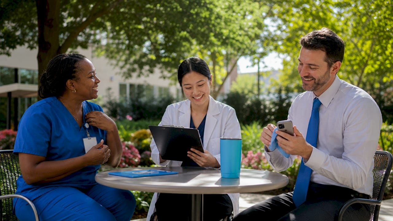 Healthcare staff preparing for medical website photoshoot