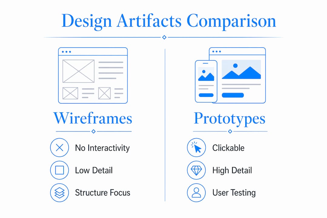 Infographic comparing prototypes, wireframes, and mockups