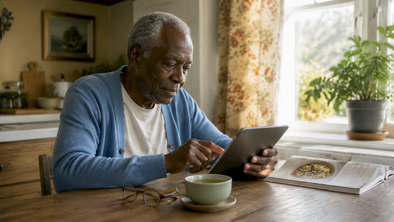 Elderly man engaging with medical website on tablet