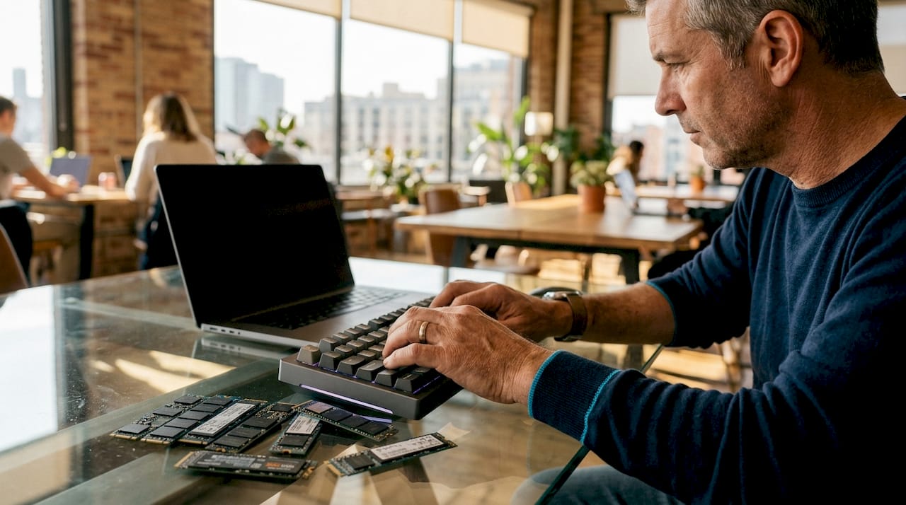 Hands typing near NVMe drives in server room