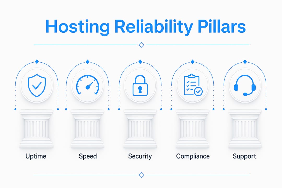 Infographic illustrating five key hosting reliability pillars