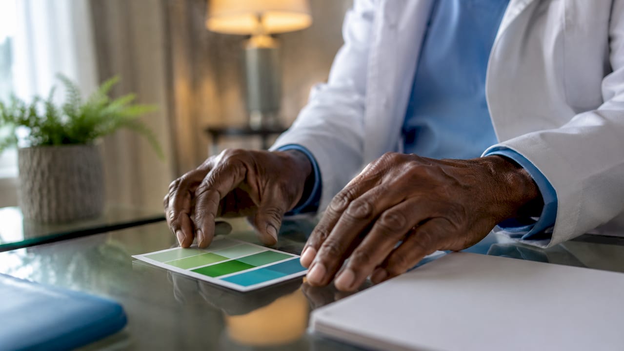 Healthcare professional handling color swatches