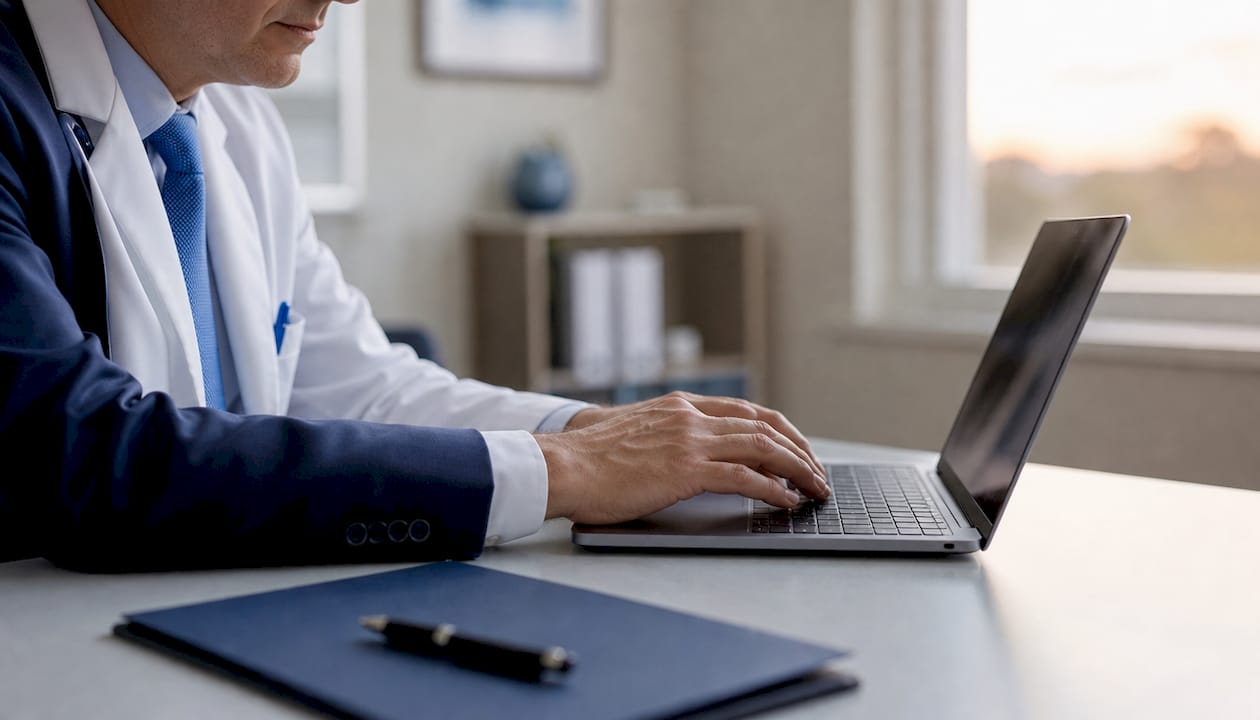 Physician typing on laptop evaluating hosting providers