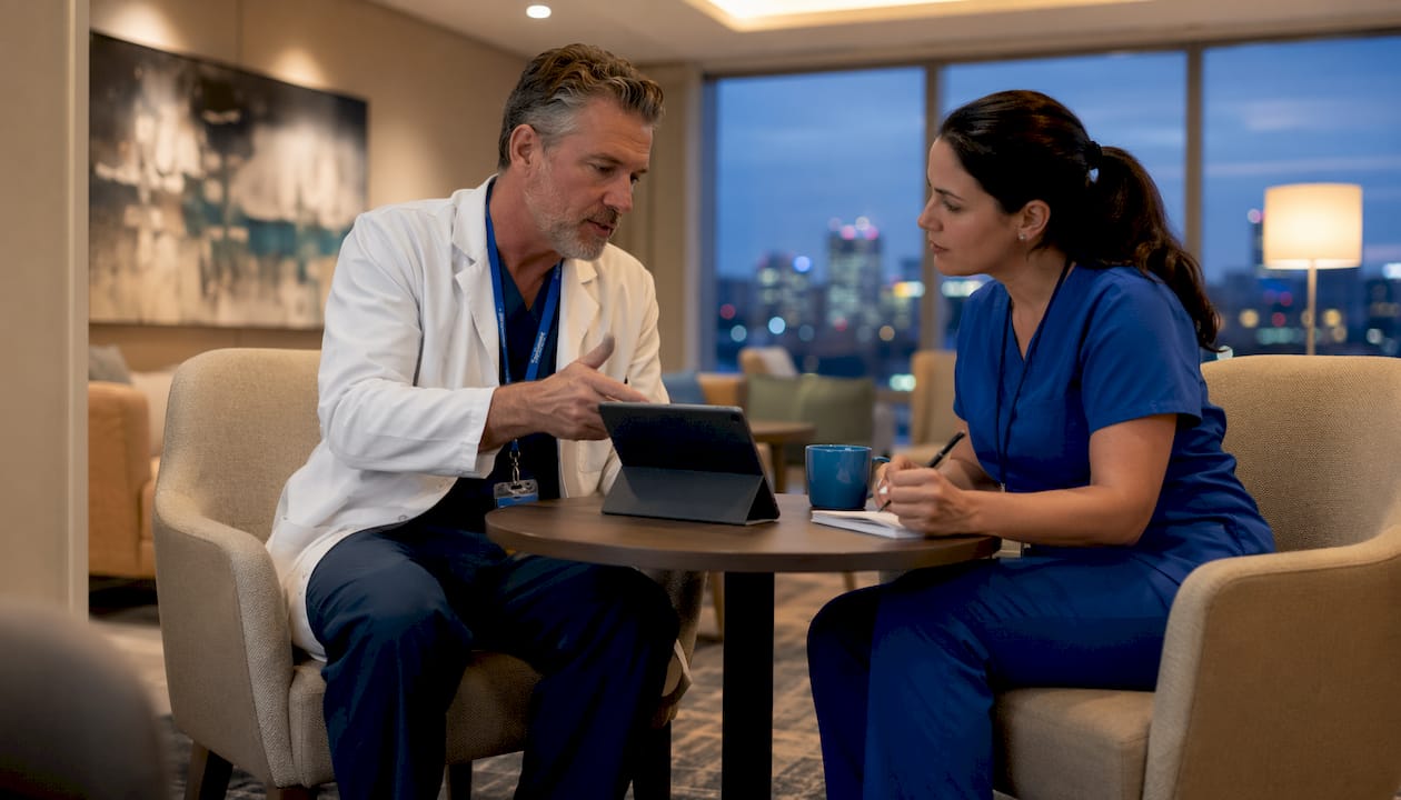 Doctor explaining referral webpage to nurse