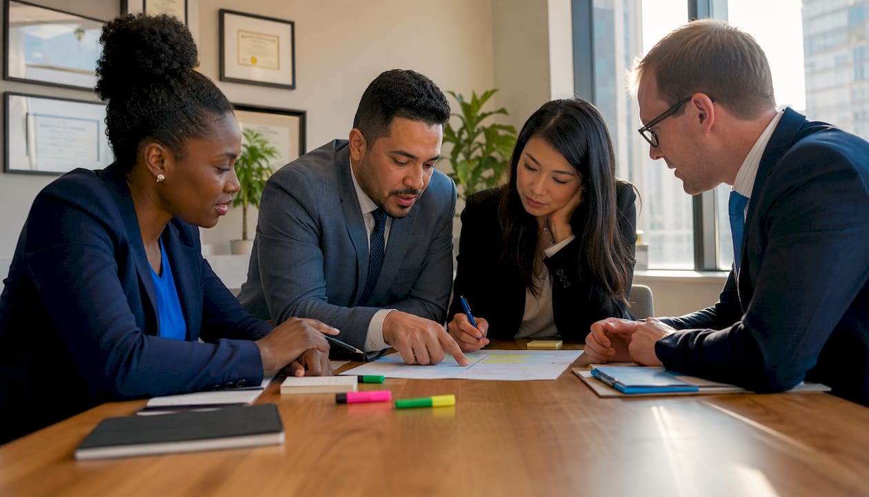 Law firm team collaborating on website redirects