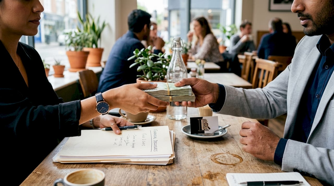 Hands exchanging contracts and cash bundles at table