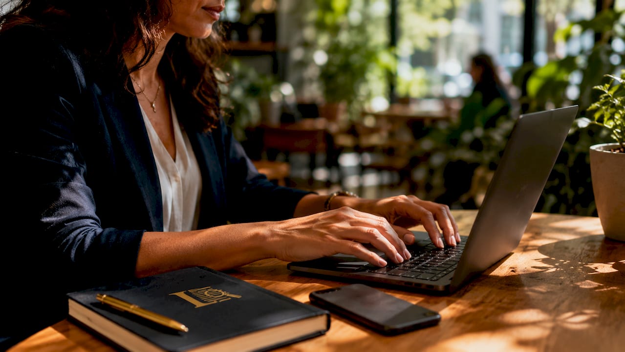 Hands typing on keyboard in home office