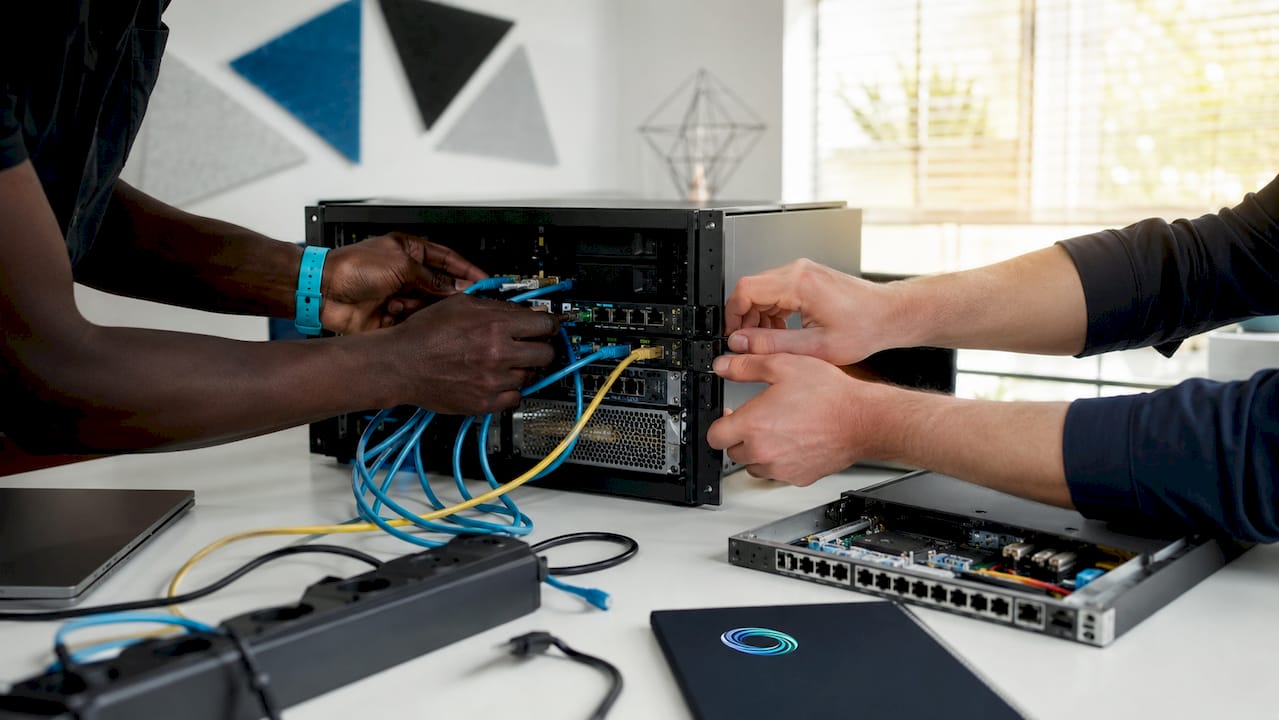 Close-up of hands setting up web crawling server hardware