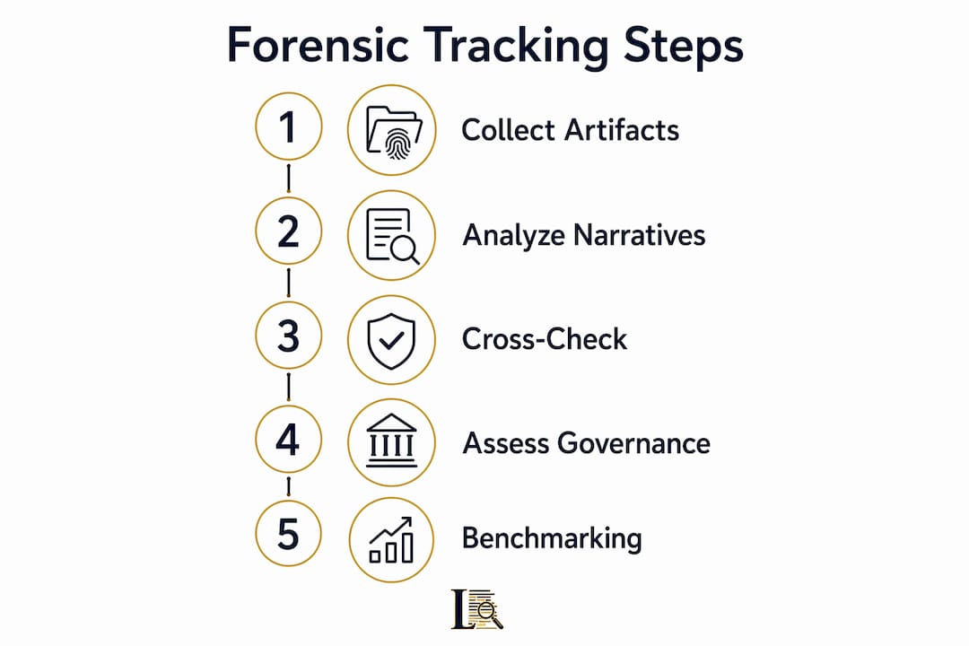 Infographic illustrating forensic corporate promise tracking steps