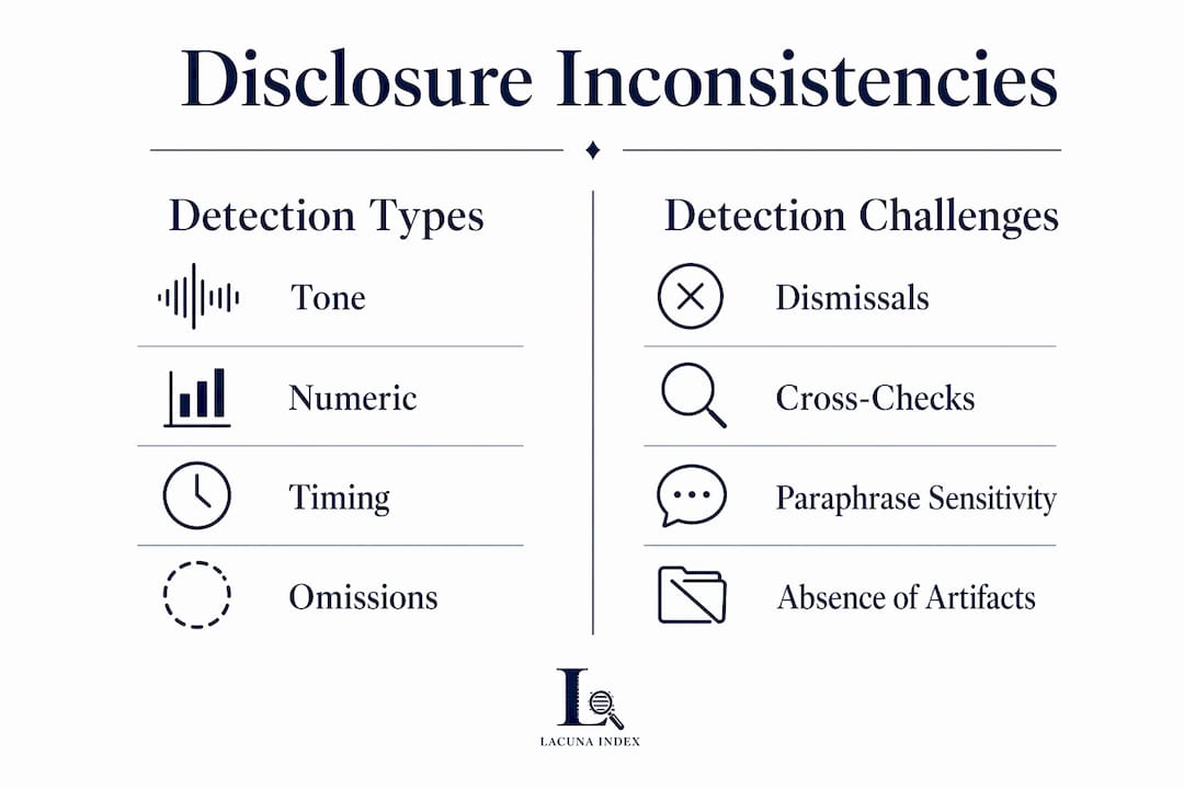 Infographic comparing disclosure inconsistency types and detection challenges