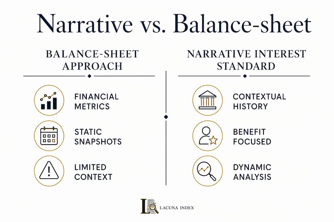 Infographic comparing narrative interest and balance-sheet approaches