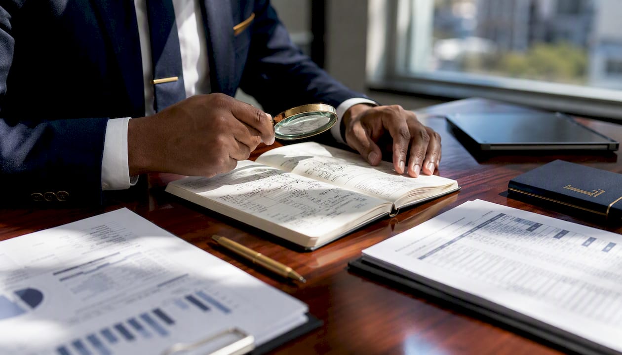 Hands analyzing corporate disclosure documents closely