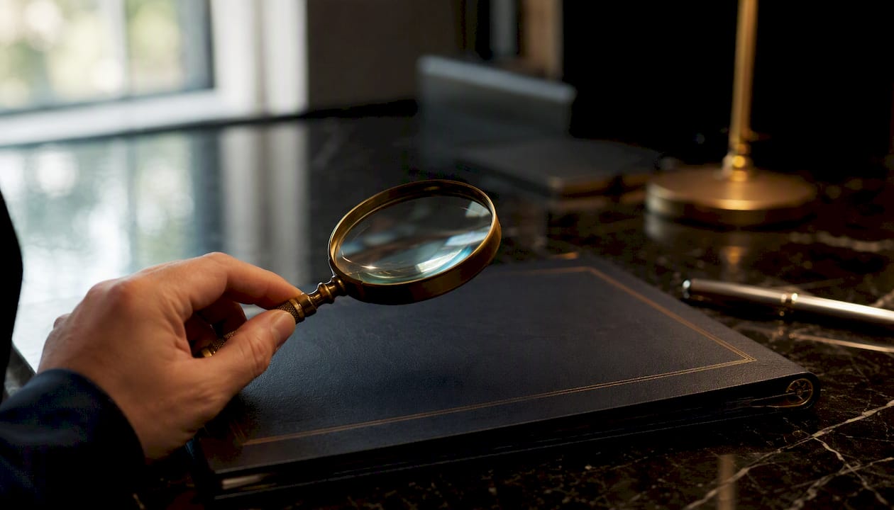 Magnifying glass over a dark blue binder on forensic desk