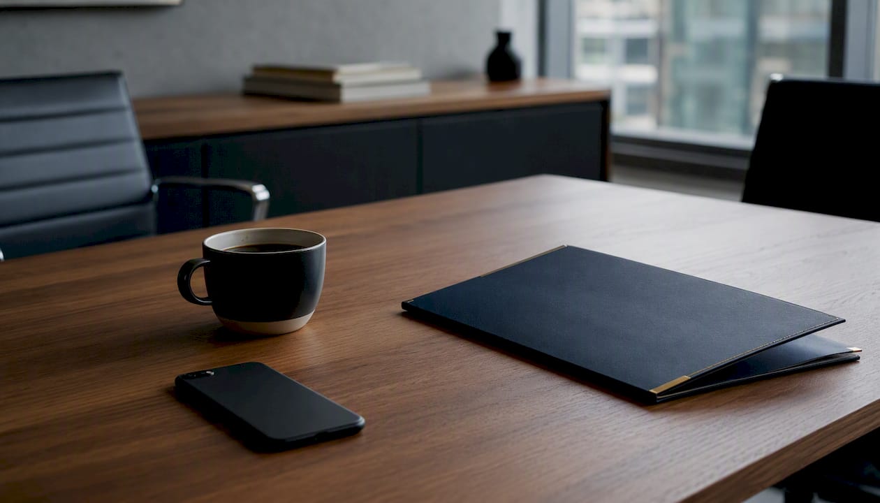 Coffee and folder on office table representing analyst waiting