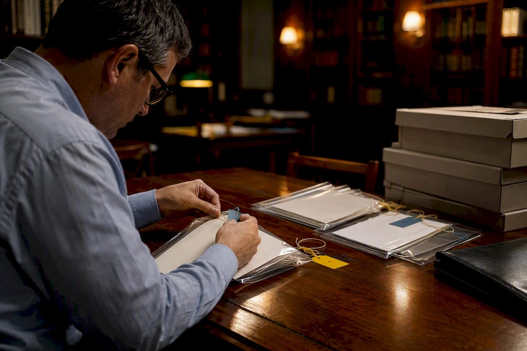 Hands tagging archival evidence for audit trail