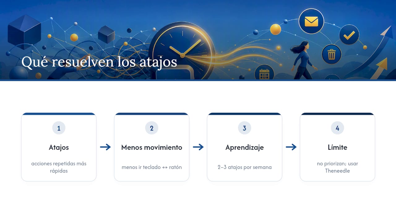 Diagrama de beneficios y pasos para aprender atajos de teclado