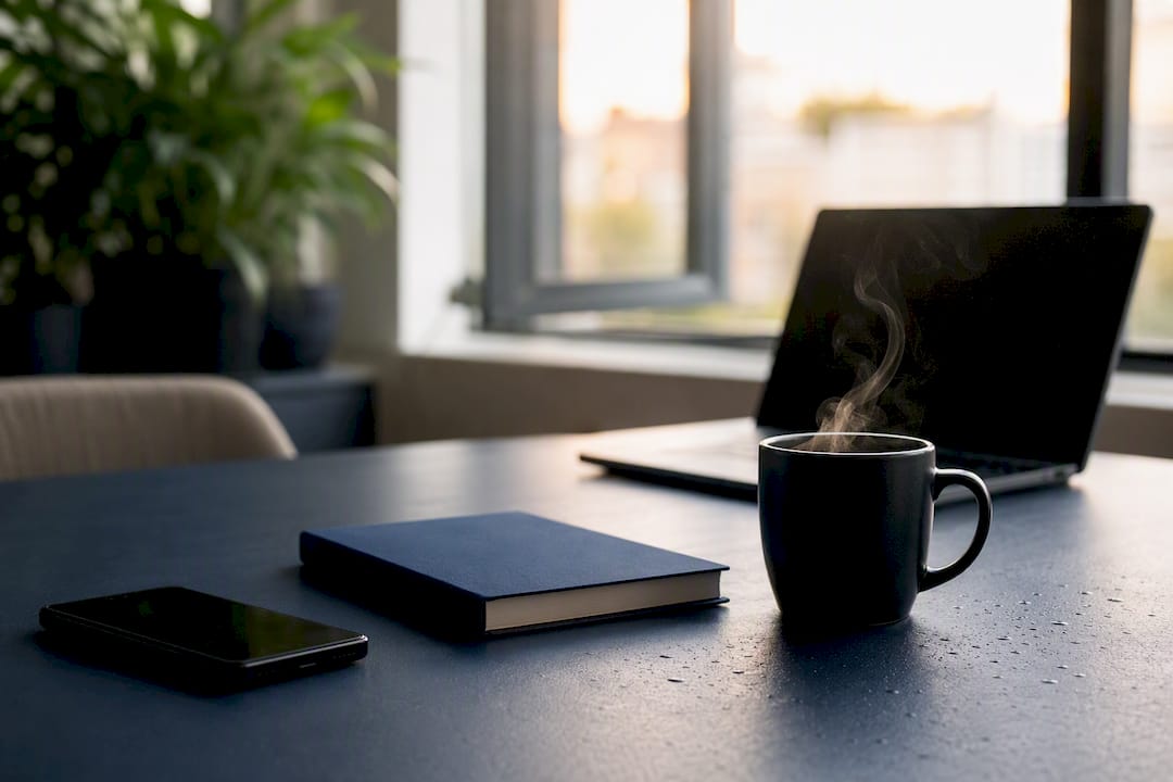 Quiet workspace with turned-off phone and coffee