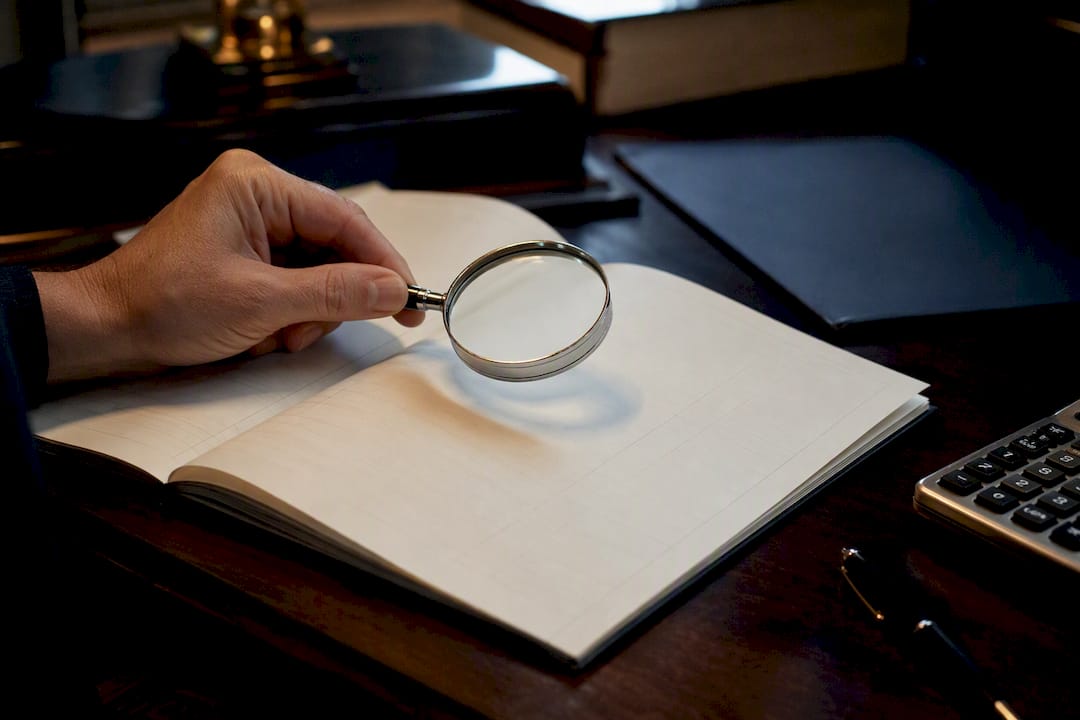 Hand with magnifying glass examining ledger page