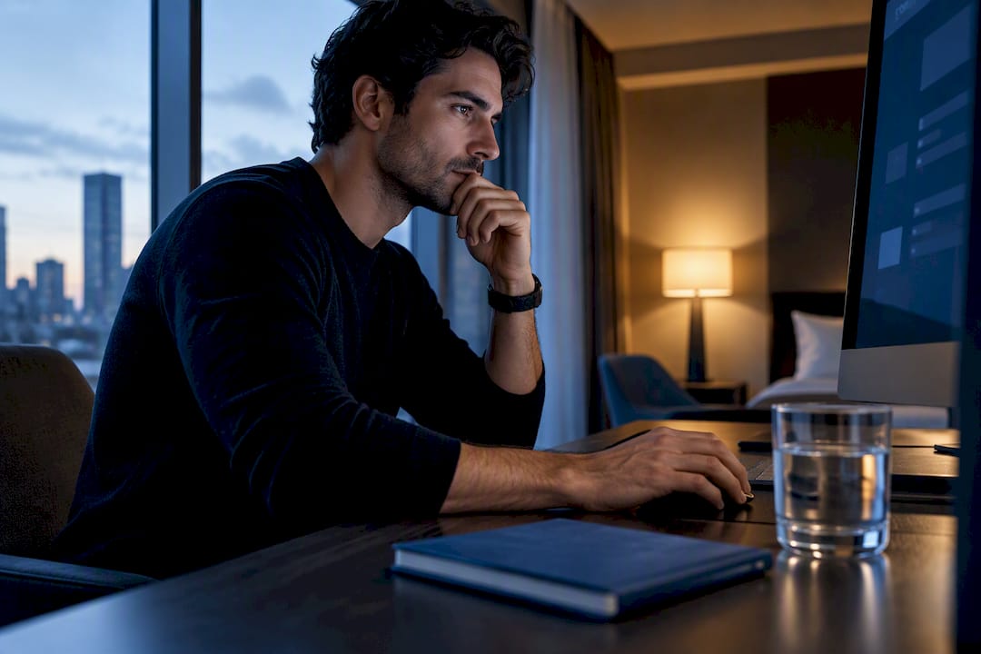 Professional reviewing priority emails at desk