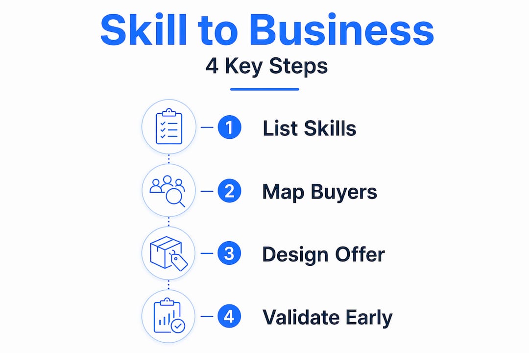 Infographic showing four steps from skill to business