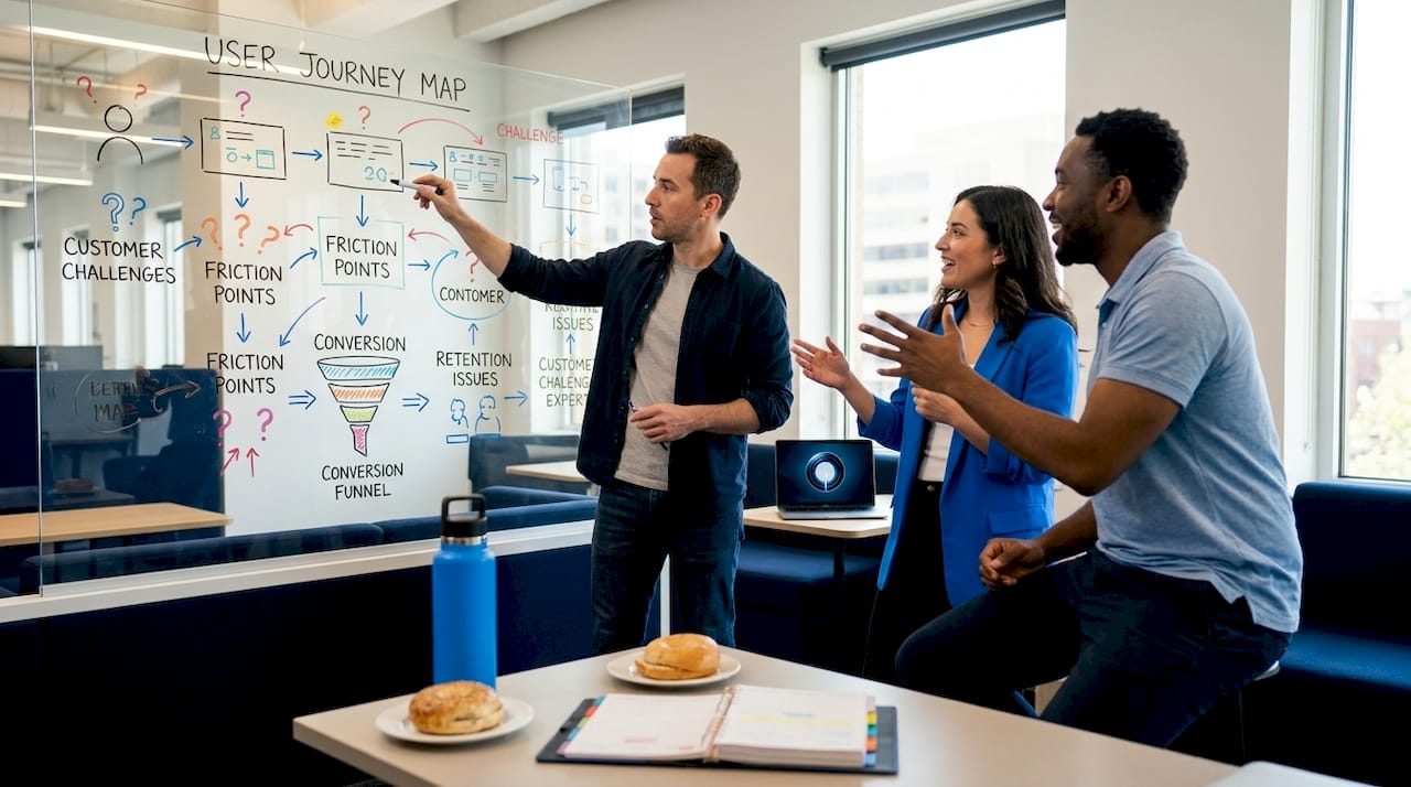 Startup team discussing problems at whiteboard table