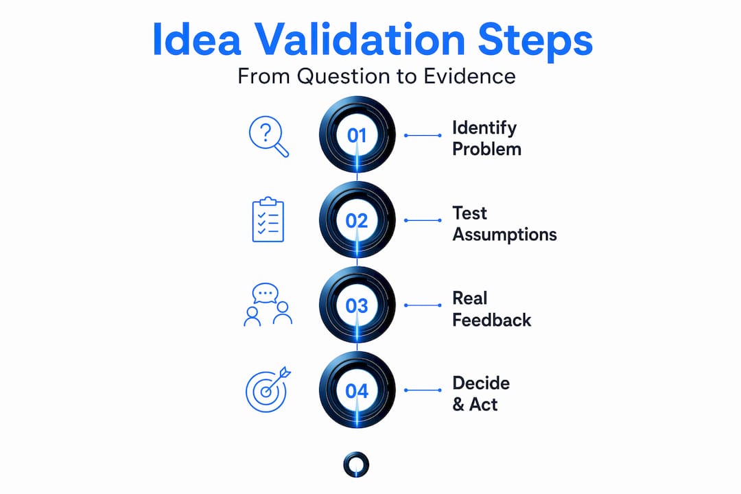 Infographic visualizing startup idea validation process steps