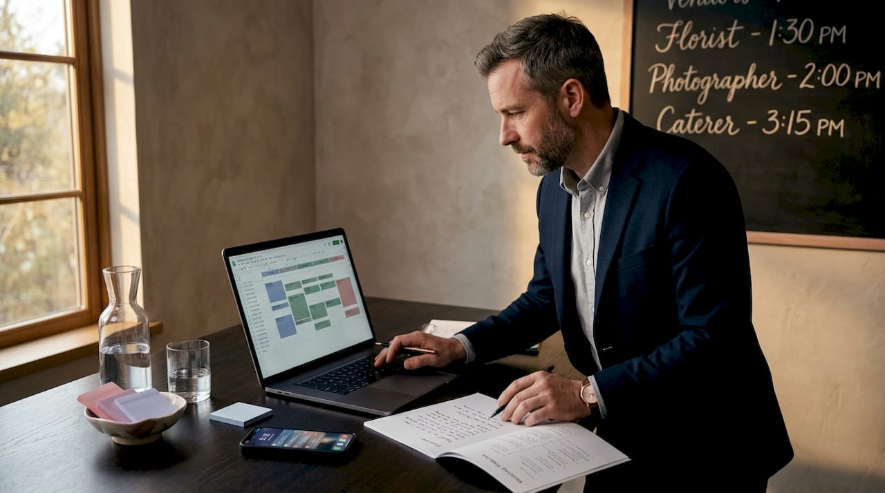 Coordinator updating master vendor schedule at desk