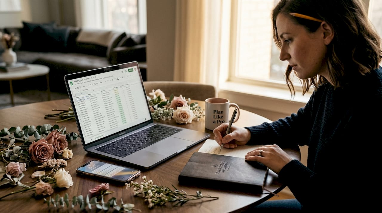 Solo planner reviewing guest list at kitchen table