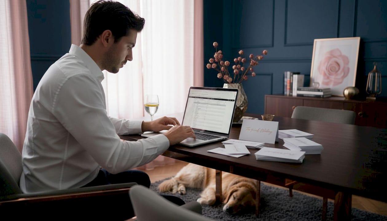 Man organizing wedding guest list at home