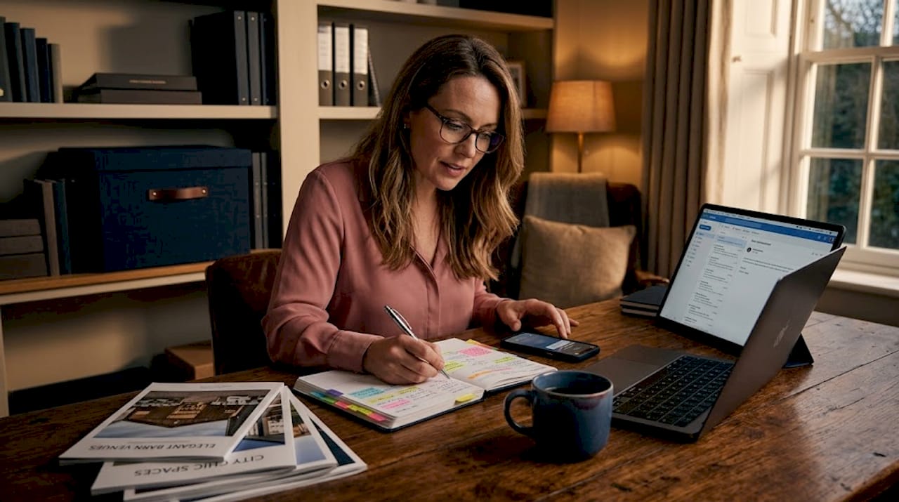 Wedding planner updating calendar at home workspace