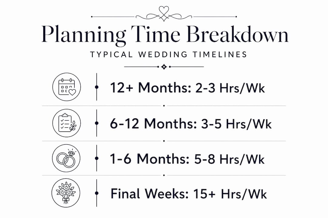 Infographic showing wedding planning time by timeline stage