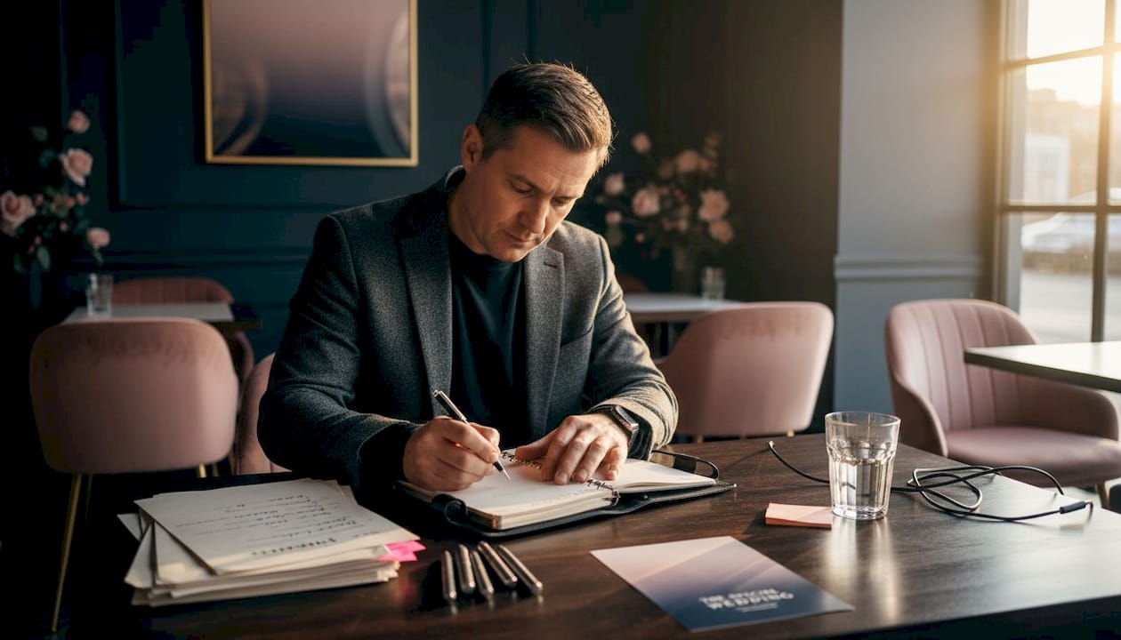 Event planner writing in planner at coworking desk