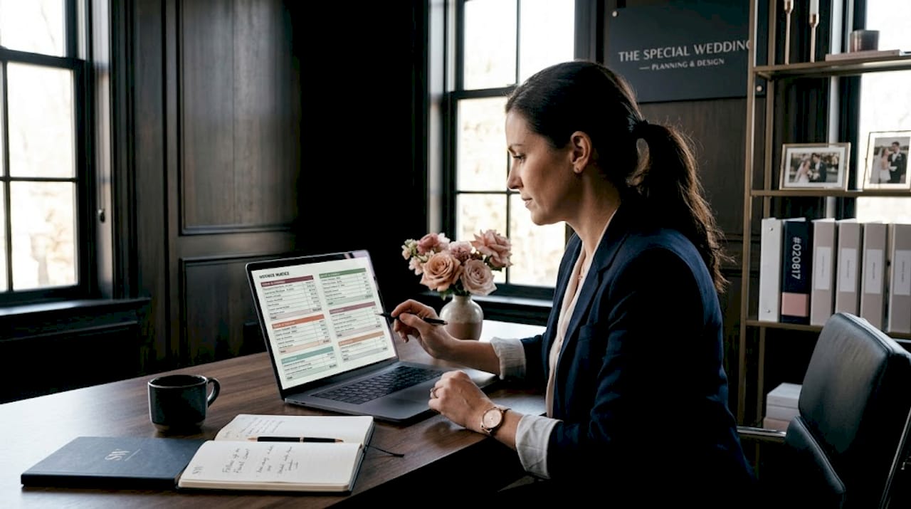 Event planner reviewing itemized invoice on computer