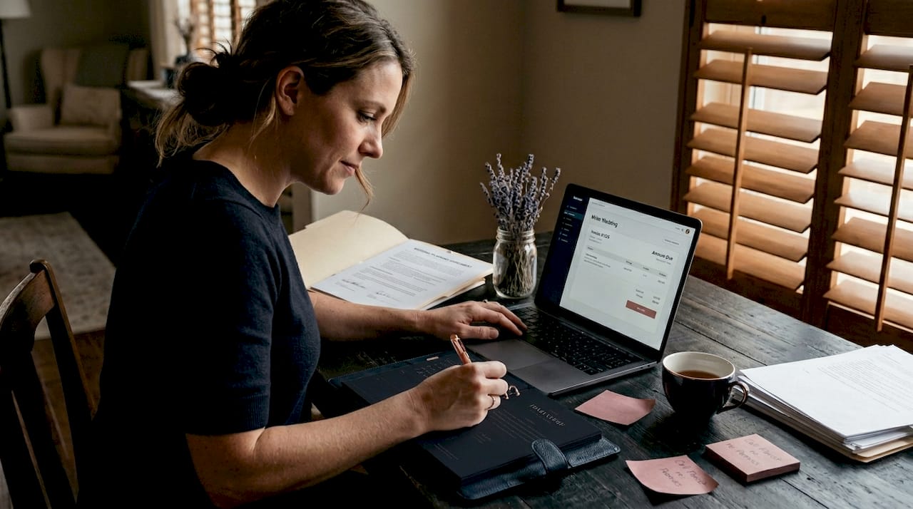 Wedding planner reviewing invoices at home office table