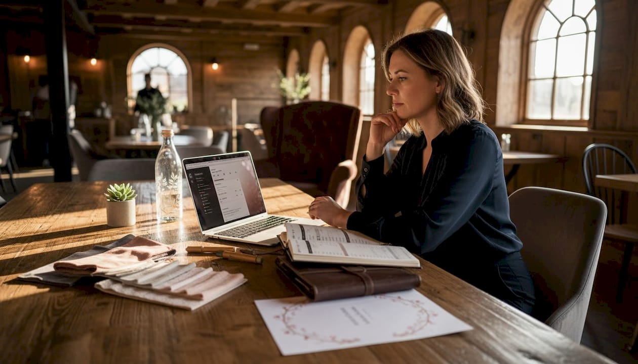 Wedding planner working at open workspace table
