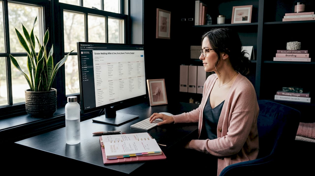 Wedding planner reviews digital dashboard workspace