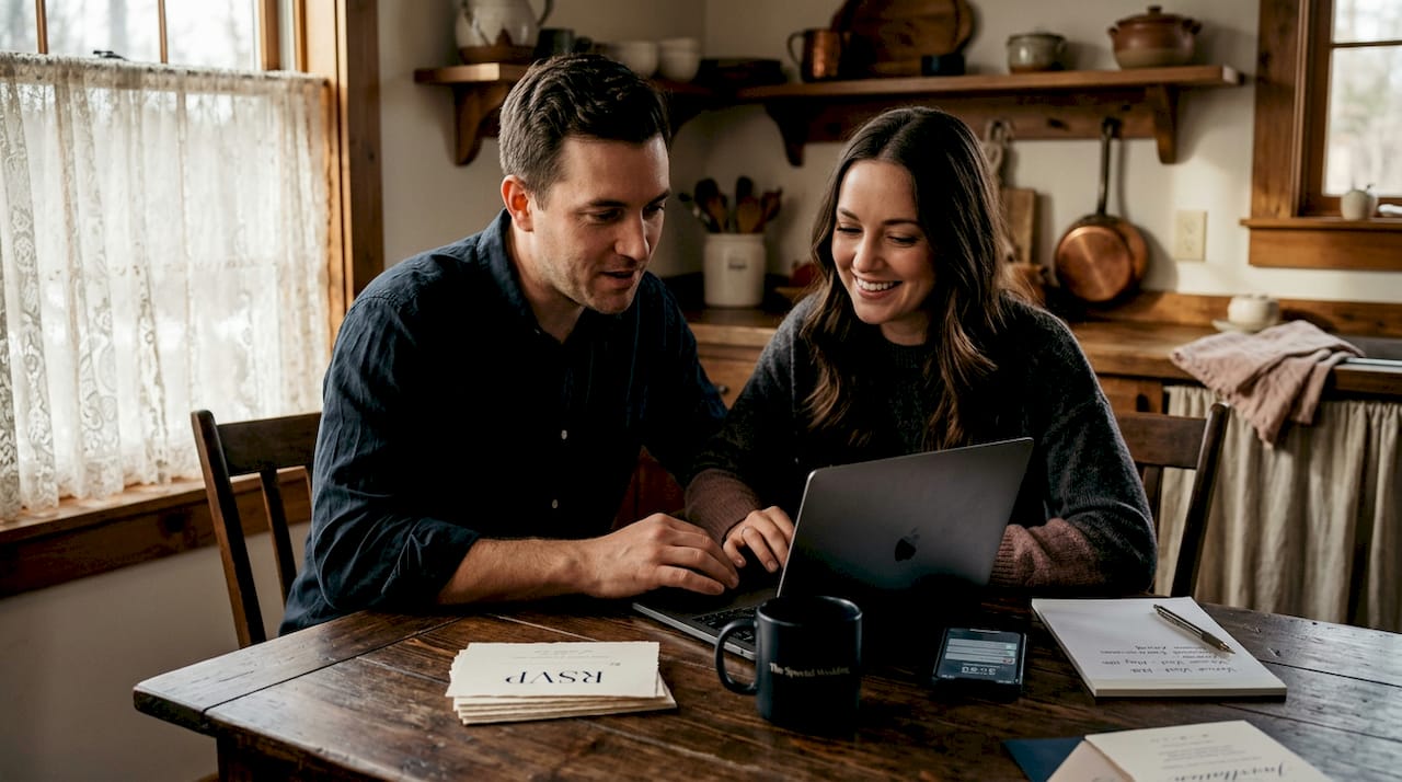 Couple managing wedding RSVPs at home